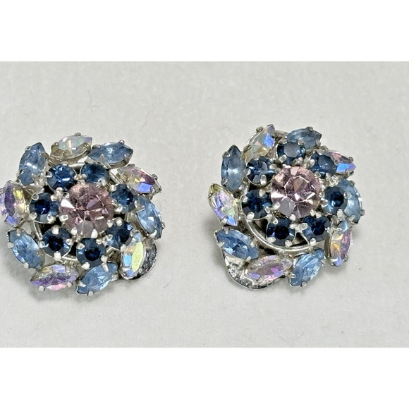 Vtg Blue Austria Crystal Aurora Borealis Prong Set Clip On Earrings Silver-tone - Picture 3 of 16